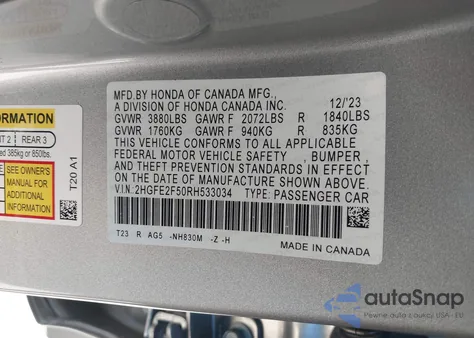 2024 Honda Civic Sport z USA, uszkodzony, nr VIN 2HGFE2F50RH533034